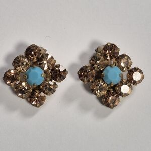 Vintage Austrian Amber Cognac Stone and Turquoise Cluster Clip-on Earrings